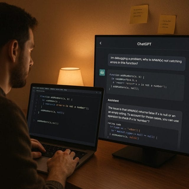 A realistic scene of a developer at a laptop using a dark-theme code editor alongside a ChatGPT window on a second monitor. The ChatGPT window shows a temporary chat in use during debugging, with code snippets and a structured assistant response. Warm indoor lighting and visible sticky notes indicate an active problem-solving session.