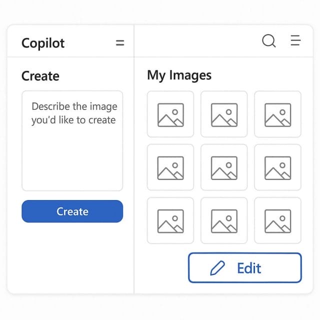 A clean, step-by-step UI mock-up style illustration showing the Copilot “Create” panel, the “My Images” gallery with thumbnails, and a highlighted “Edit” button, Microsoft Fluent design aesthetic, crisp labels and icons.