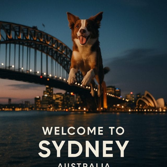 An atmospheric, photorealistic composite featuring a cheerful dog flying above the Sydney Harbour Bridge at twilight, the Opera House visible, with crisp white headline text reading “Welcome to Sydney — Australia” centred at the bottom, soft bokeh city lights, reflective harbour waters, cinematic colour grading.