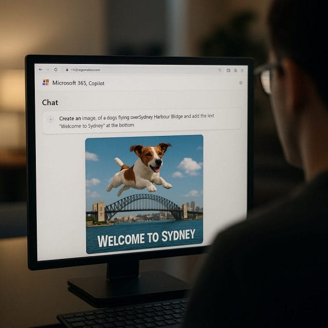 An over-the-shoulder photo of a modern office workstation displaying Microsoft 365 Copilot Chat in a web browser, the prompt area shows “Create an image of a dog flying over Sydney Harbour Bridge and add the text ‘Welcome to Sydney’ at the bottom”, soft ambient lighting, realistic reflections on a glass desk, shallow depth of field.
