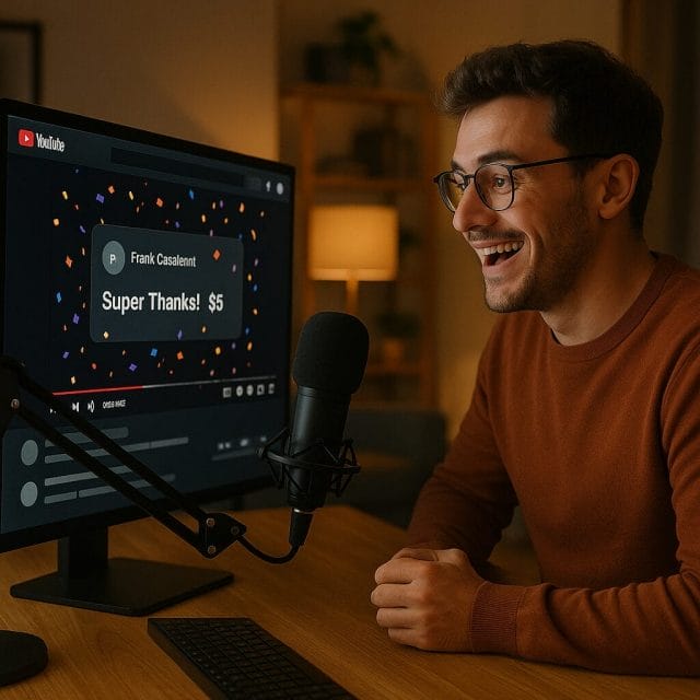 A warm, photorealistic scene of a YouTube creator in a modern home studio, looking delighted at a monitor displaying a highlighted “Super Thanks” comment with confetti animation and a $5 tip from a viewer named “Frank Castlenut”; desk with microphone, camera on tripod, soft ambient lighting, and the YouTube interface visible.