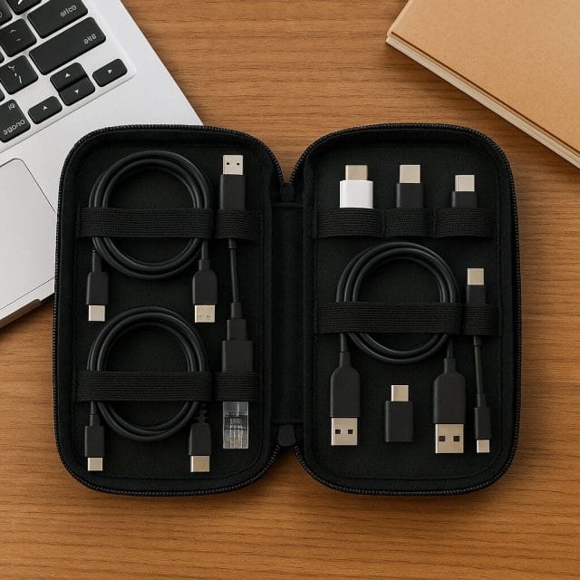 A photorealistic top-down shot of a compact zippered fabric cable organiser case opened on a wooden desk, revealing multiple elastic compartments filled with assorted cables (USB-C, HDMI, RJ45) and small adapters, with a laptop and notebook nearby.
