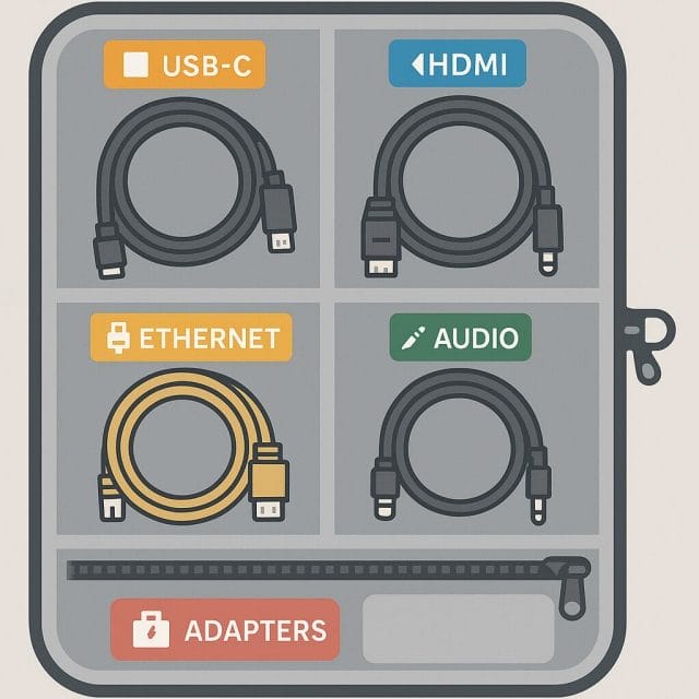 A clean, infographic-style top-down diagram of an open cable organiser case with labelled compartments showing recommended placement for USB-C, HDMI, Ethernet, audio cables, and a zipped pocket for adapters, with colour-coded tags and icons.
