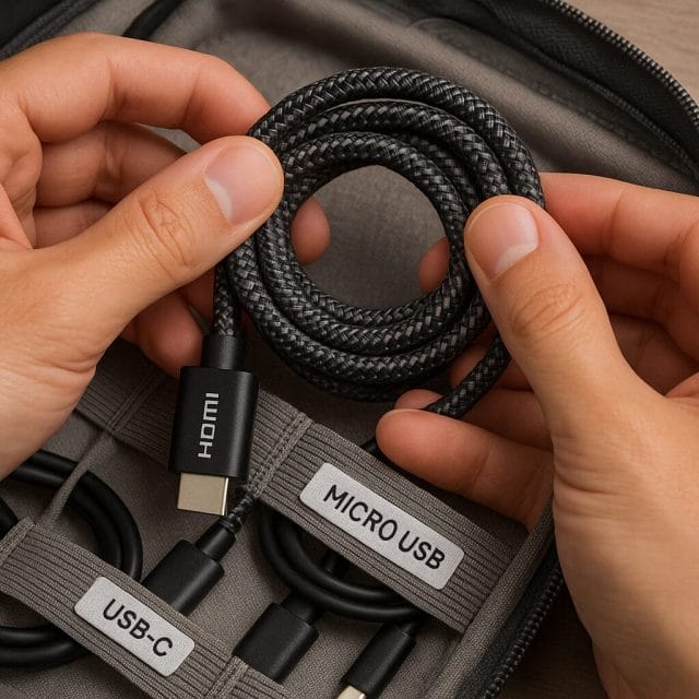 A close-up, high-resolution shot of hands using the over-under coiling method to neatly pack a 1.2 metre braided HDMI cable into an elastic compartment of a cable organiser case, with other labelled cables visible.