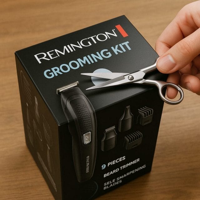 A crisp, close-up photo of a sealed Remington grooming kit box on a wooden table, with a hand holding scissors poised to cut the security sticker. The lighting is soft and natural, and the box’s branding is clearly visible.