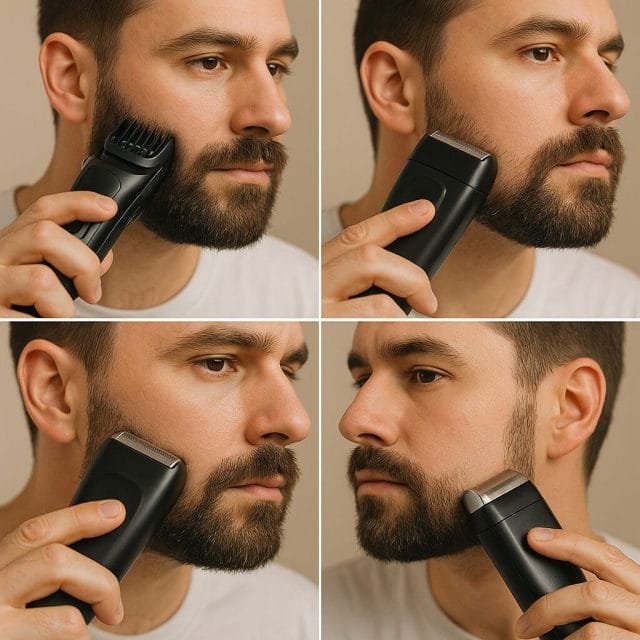 A detailed step-by-step collage showing a person grooming a beard: using the adjustable comb to even length, outlining the cheek with the foil shaver, and trimming sideburns. Close-ups highlight hand positioning and tool angle, with neutral, soft lighting.