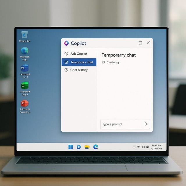 A clean, modern Windows desktop showing the Microsoft Copilot 365 app interface. The “Temporary chat” option is highlighted in the app’s menu, with a subtle padlock/privacy icon, and a minimal chat window awaiting input. Soft lighting and a professional office background convey a secure, focused environment.