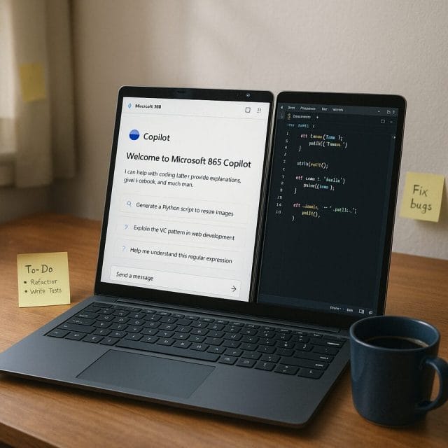 A detailed, realistic scene of a developer’s workstation. A Windows laptop shows Copilot 365 with a temporary chat explaining coding prompts; next to it, a code editor displays clean sample code. Sticky notes and a coffee mug add authenticity, with soft daylight illuminating the setup.