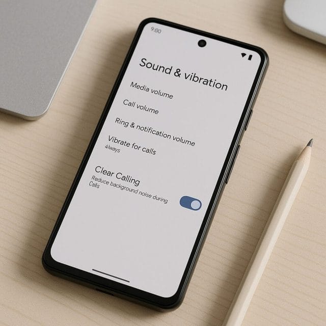 A crisp, close-up shot of a Google Pixel phone lying on a desk, screen on, showing the “Sound & vibration” settings page with the “Clear Calling” toggle switched on; natural daylight, minimalistic workspace aesthetic.