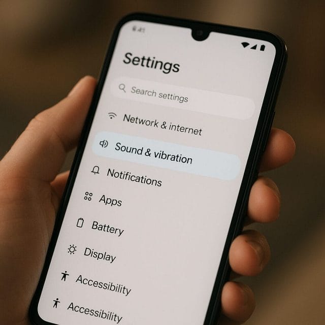 A photorealistic close-up of a modern Android smartphone held in a hand, displaying the Settings app with “Sound & vibration” highlighted; clean UI, soft ambient lighting, shallow depth of field, realistic screen reflections.