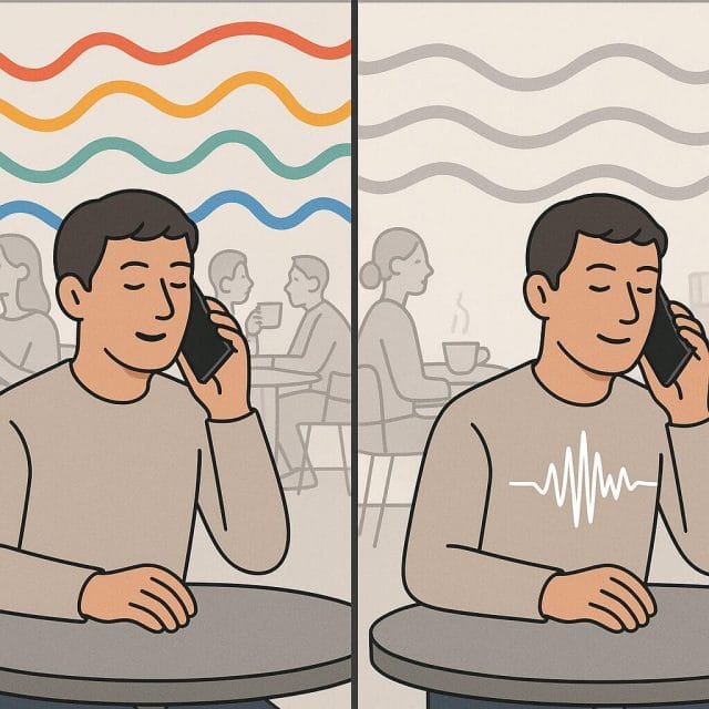 A split-screen illustration: on the left, a person making a call in a busy cafe with background noise visualised as colourful waves; on the right, the same call with Clear Calling enabled, showing reduced noise waves and a highlighted voice waveform; clean, modern style.
