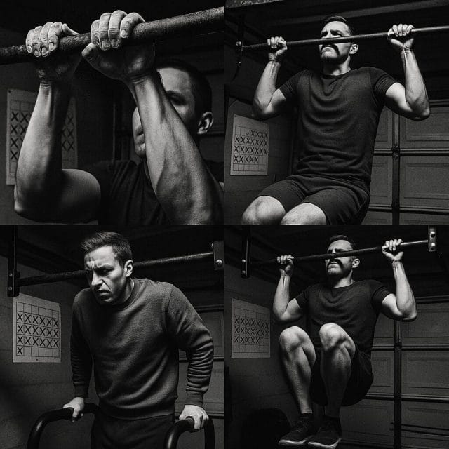 A high-contrast, documentary-style montage showing a person over the course of a year performing chin-ups, pull-ups, parallel bar dips, and hanging knee raises in a home garage gym. Include a wall calendar with days marked off, chalked hands gripping a pull-up bar, focused expressions, and subtle seasonal changes in clothing to suggest time passing.