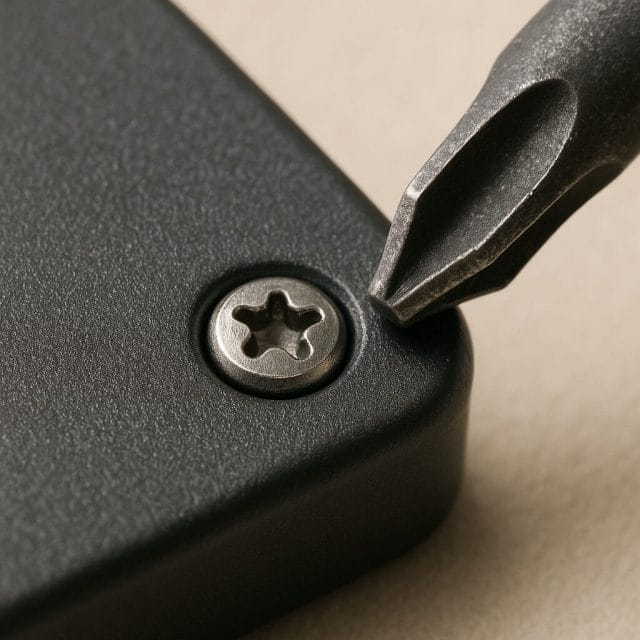 A macro shot of a tiny Torx screw on an SSD casing with an incorrect Phillips screwdriver tip attempting to engage, clearly showing the mismatch, shot on a neutral background with sharp detail and soft shadows.