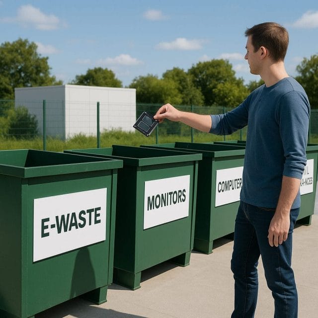 A wide shot of an e waste recycling centre with clearly labelled bins for electronics, a person dropping off a small SSD, bright daylight, clean environment, emphasising responsible disposal.