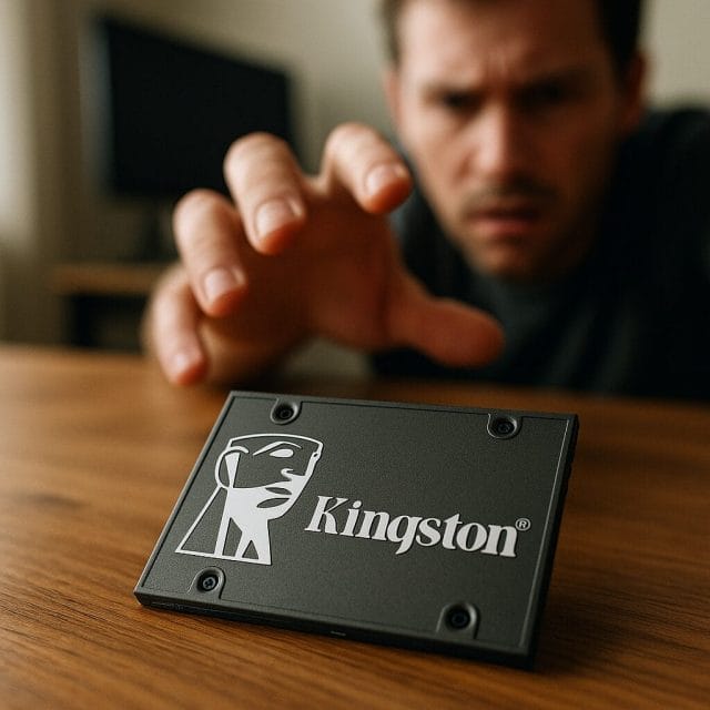 A close up photo of a Kingston branded 2.5 inch SSD on a wooden desk, with a hand reaching for it and a computer in the background, soft natural lighting, shallow depth of field, conveying a moment of frustration and curiosity.
