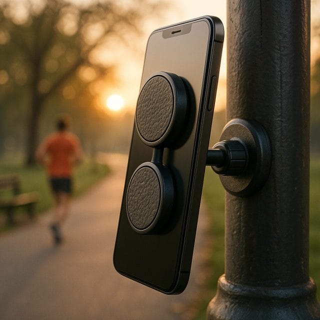 A photorealistic, close-up scene of a dual magnetic phone mount securing a smartphone to a steel lamp post in a city park at sunrise. The focus is on the textured black surface-facing magnet, a locking collar, and a straight neck holding the phone in portrait orientation. Soft morning light, jogger in the background, shallow depth of field.