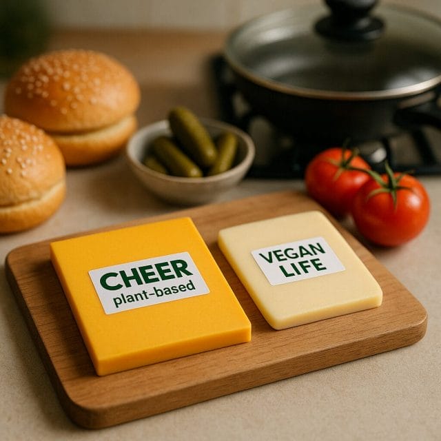 A high-resolution, well-lit kitchen scene showing two vegan cheese slices on a wooden board: one bright yellow and larger (labelled Cheer plant-based), the other paler and smaller (labelled Vegan Life). Nearby are burger buns, tomatoes, pickles, and a hot pan with a lid to suggest melting techniques. Soft natural lighting, shallow depth of field, and realistic textures.