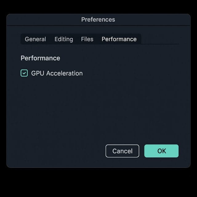 A crisp interface view of Filmora Preferences panel open to Performance settings, with a checkbox for GPU acceleration visible, surrounded by a modern dark UI and clear labels.