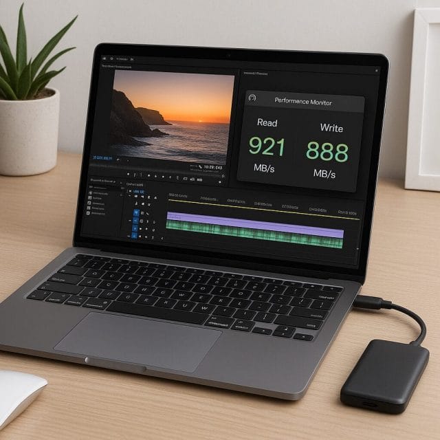 A clean desktop setup with an external SSD connected to a modern laptop, showing a performance monitor on screen with stable read and write speeds while a video editor is open.