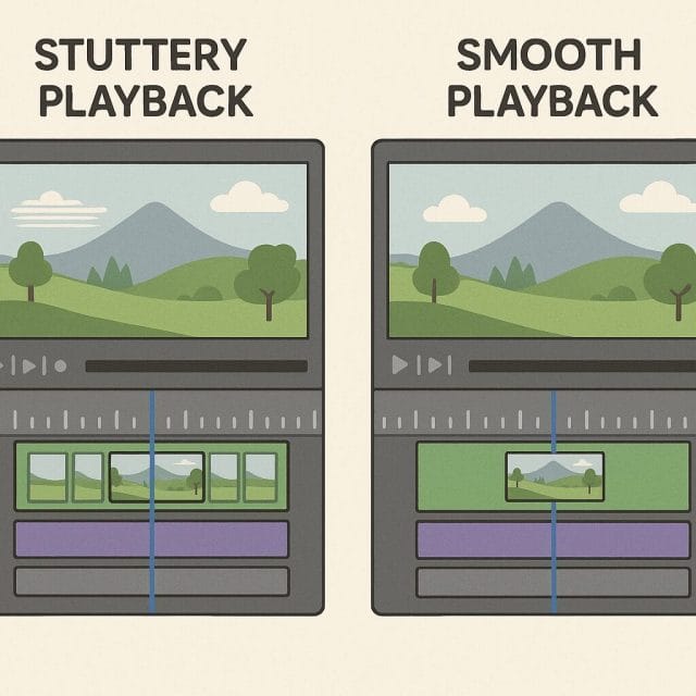 A side by side comparison illustration of stuttery playback versus smooth playback in a video editor timeline, with the same clip and playhead position displayed in each panel.