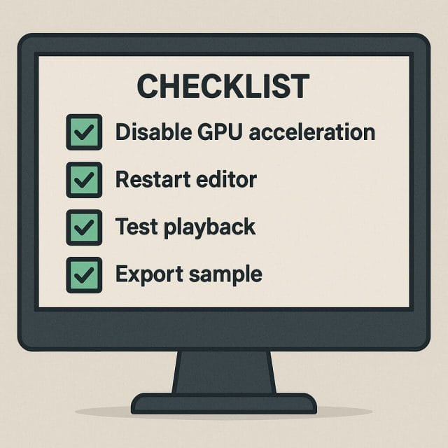 A friendly step by step checklist graphic displayed on a computer screen, with items ticked off for disable GPU acceleration, restart editor, test playback, and export sample.