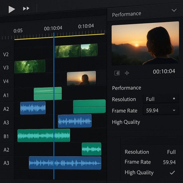 A detailed close up of a modern video editor timeline in a dark interface, with multiple video clips, audio tracks, and a playhead, showing a preview window and performance settings panel on the side.