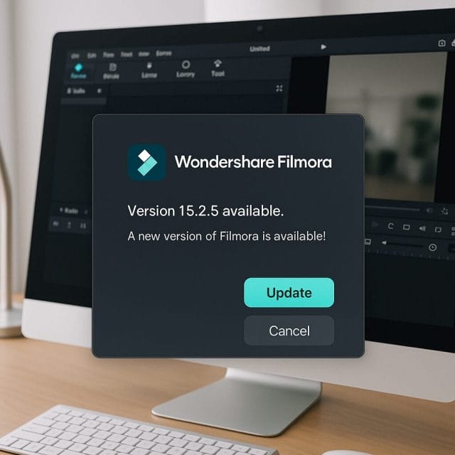 A crisp, well lit close up of the Wondershare Filmora user interface showing the Check for Updates dialog, with version 15.2.5 available, the Update button highlighted, and a modern desktop setup in the background.