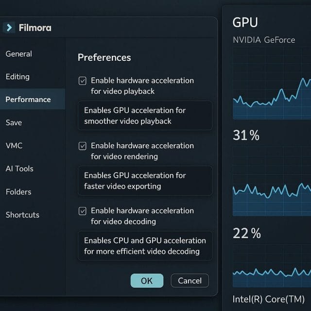A close up of Filmora’s Preferences window open to the Performance section, showing hardware acceleration options with explanatory tooltips, alongside GPU and CPU usage graphs on a secondary monitor for context.