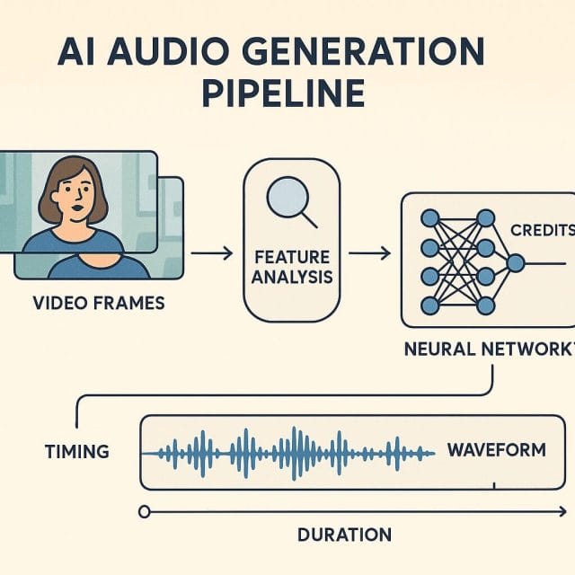 A detailed diagram style illustration of an AI audio generation pipeline, showing input video frames and timing, feature analysis, neural network composition, and the resulting waveform placed on a timeline, with annotations about credits and duration. The design is clean with subtle gradients and clear labels.