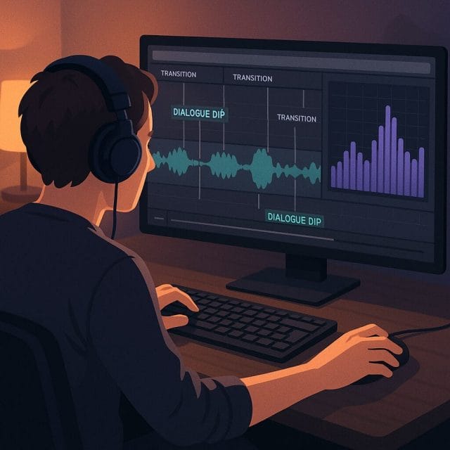 A stylised yet realistic scene of a creator at a workstation adjusting audio keyframes on a timeline, with visible markers for dialogue dips and transitions, and a spectrum analyser showing balanced frequency distribution. The environment includes soft accent lighting and a camera on the desk.