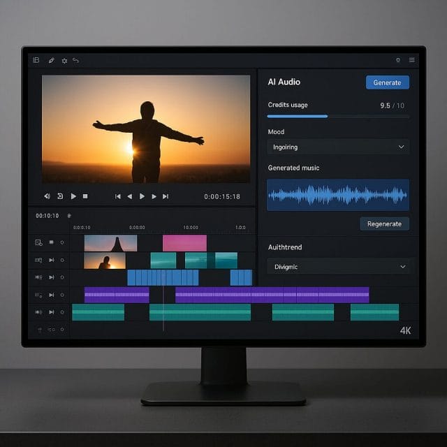 A photorealistic view of a video editing timeline in a modern editor, with an open panel showing AI audio generation options, credits usage meter, mood selection, and a waveform of generated music aligned to a one minute clip. The scene is lit by soft studio lighting and displayed on a sleek 4K monitor on a minimalist desk.