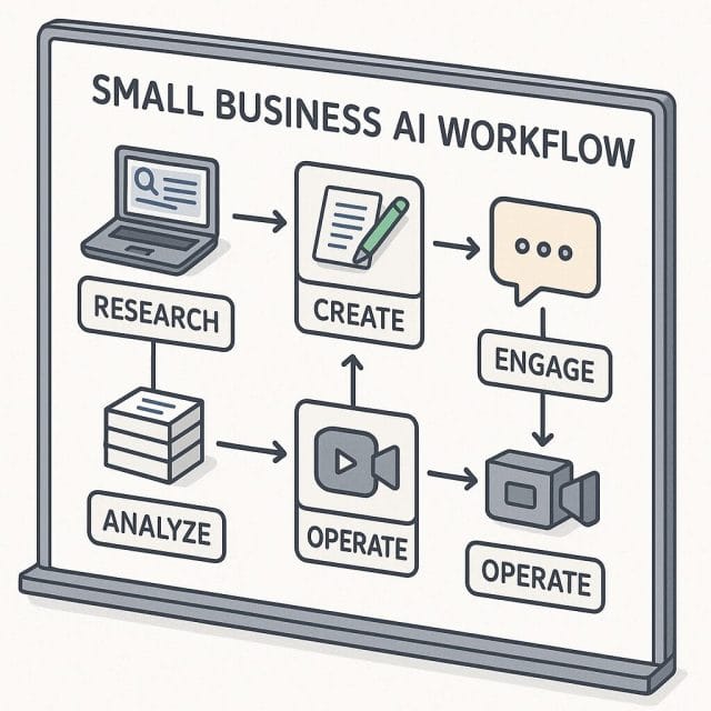 A high resolution isometric diagram of a small business AI workflow on a whiteboard: boxes labeled Research, Create, Engage, Operate, Analyse connected by arrows. Each box includes icons representing a laptop, chat bubble, video camera, document stack, and analytics chart. Clean, minimalist style with subtle colour accents.