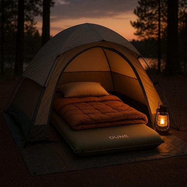 A cosy campsite scene at dusk showing the Dune single self inflating mattress inside a small dome tent, a sleeping bag and pillow arranged neatly, with a groundsheet under the tent and a lantern glowing softly, emphasising comfort and practical setup.