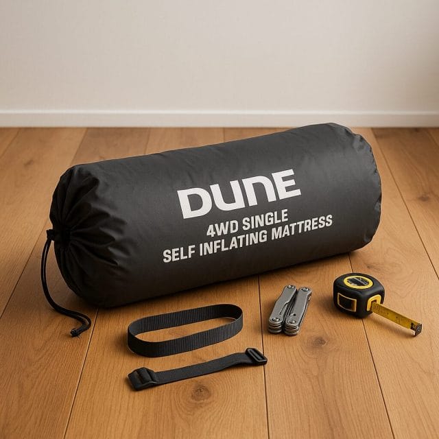 A natural light scene on a wooden floor showing an unopened Dune 4WD single self inflating mattress in its carry bag with two unfastened straps beside it, a multitool and a tape measure off to the side, and a clean neutral background to emphasise the product.