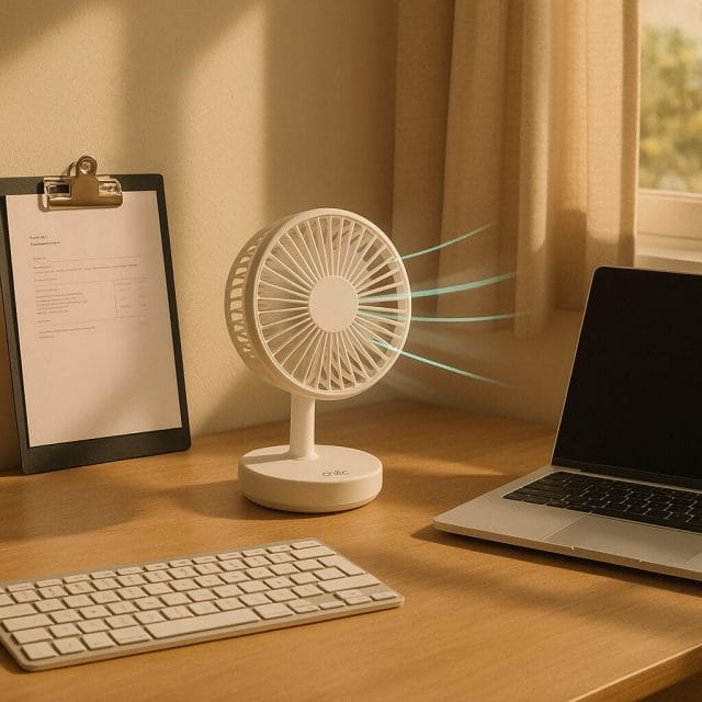 A cosy home office scene showing the Anko rechargeable desktop fan on a desk near a window, angled slightly upward, with papers clipped, a keyboard, and a laptop, sunlight casting soft shadows, conveying airflow and comfort.