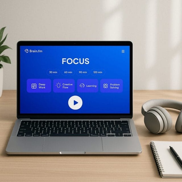 A clean modern desktop setup with a laptop open to the Brain.fm web interface showing the Focus mode. The screen displays session duration options, soundscape choices like Deep Work and Creativity, and a large play button. Soft daylight, noise cancelling headphones resting beside the laptop, a notebook and pen neatly placed.