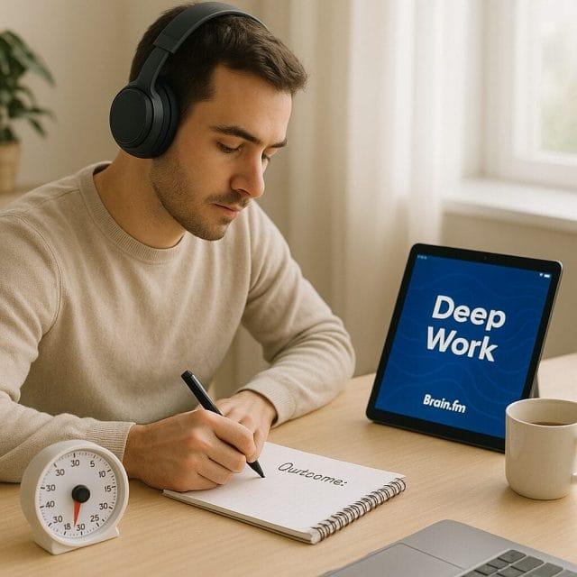 A focused entrepreneur working at a tidy desk with a timer set for 30 minutes, wearing comfortable over ear headphones, a notepad with a single outcome written, and Brain.fm running on a tablet showing Deep Work. The scene conveys calm concentration with soft natural light and minimal distractions.