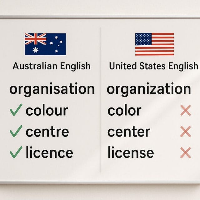 A clean, high resolution editorial style image showing a side by side comparison of Australian English and United States English spellings on a whiteboard. On the left, words like organisation, colour, centre, licence are ticked with green markers. On the right, organization, color, center, license are crossed in pale red. Include small icons for an Australian flag and a United States flag for context, with neat typography and soft natural lighting.