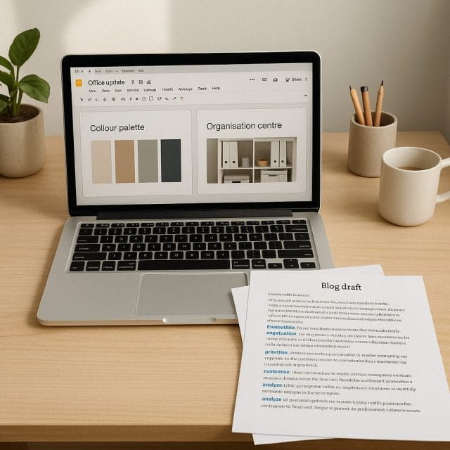 A tidy workspace photo with a laptop showing a Google Slides deck titled Office update with slide headings that read Colour palette and Organisation centre. Beside the laptop, printed pages show a blog draft with Australian spellings highlighted in blue. Natural daylight and a minimal office aesthetic.