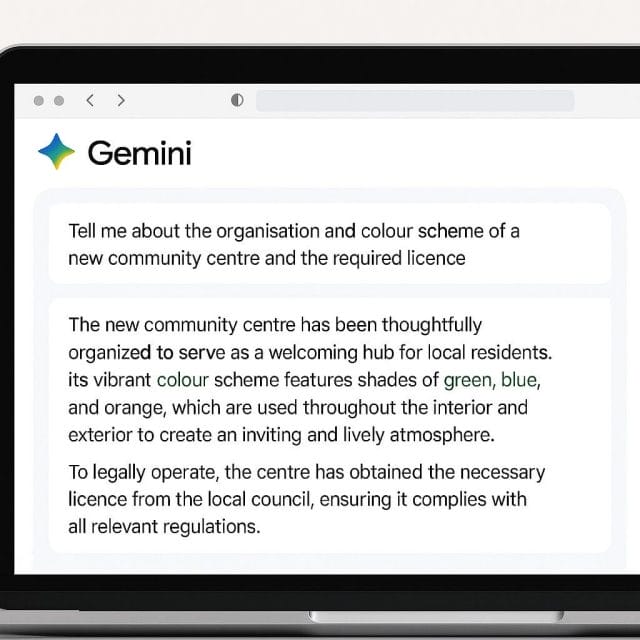 A realistic browser view of a Gemini chat on a laptop screen. The user prompt asks for a paragraph about the organisation and colour scheme of a new community centre and the required licence. The Gemini response shows correct Australian spellings highlighted subtly. The interface is clean and modern with a light theme and crisp typography.