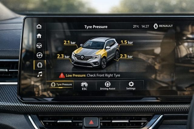 A photorealistic close up of a modern Renault SUV dashboard display showing a tyre pressure warning menu, with clear vehicle settings icons, realistic reflections on the screen, and a clean car interior in natural daylight.