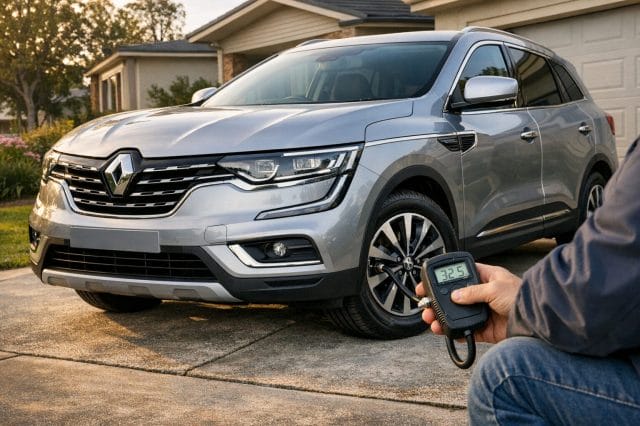 A photorealistic image of a silver Renault Koleos parked in a suburban driveway while a person checks tyre pressure with a digital gauge, showing realistic tyres, wheel detail, and soft morning light.