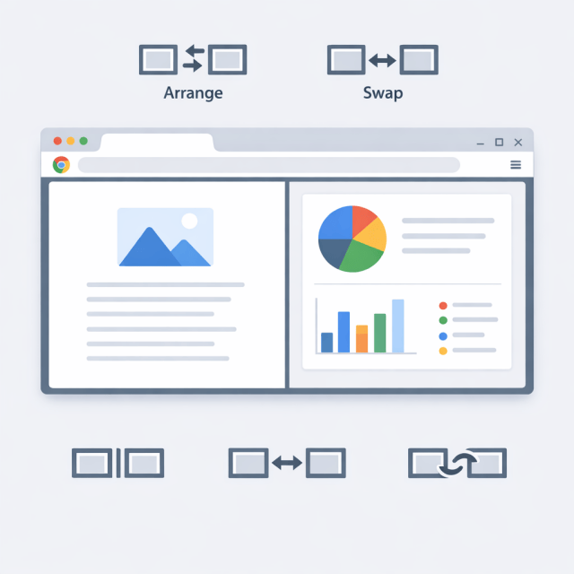 A clean digital illustration of Google Chrome productivity features, showing a split screen browser interface, subtle UI icons for arranging and reversing panes, and a modern minimalist technology style.