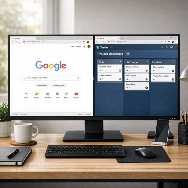 A realistic desktop workspace showing Google Chrome open on a large monitor in split view, with two web pages side by side, a clean modern desk, soft natural lighting, and a productivity focused atmosphere.