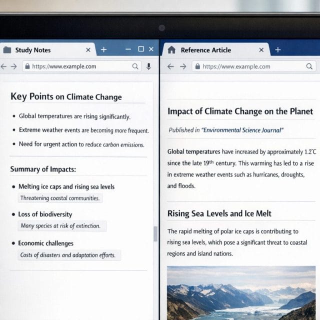 A photorealistic close up of a computer screen showing side by side browser tabs comparing two documents, one with notes and one with a reference article, with clear visual contrast and a clean interface.