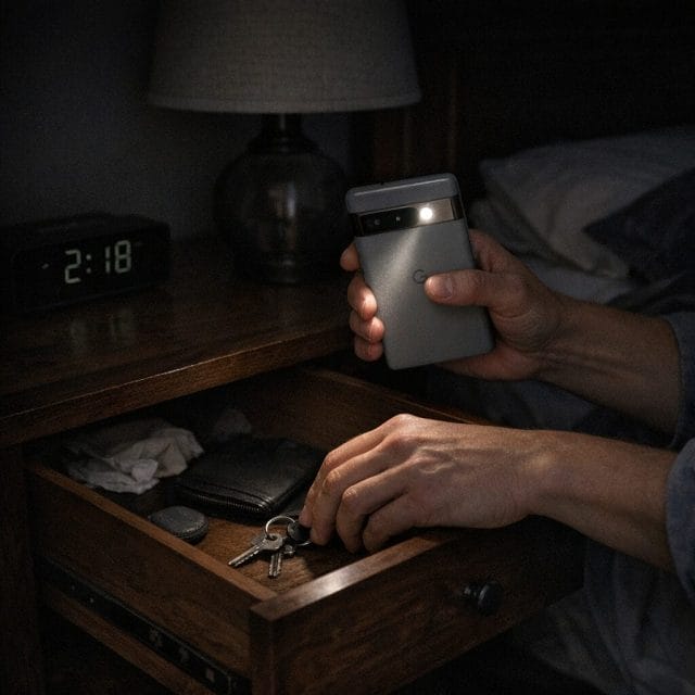 A photorealistic scene of a person using an Android Pixel torch at low brightness in a dark bedroom to find an item quietly, with subtle ambient shadows, realistic hands, and a visible but not overpowering beam of light.