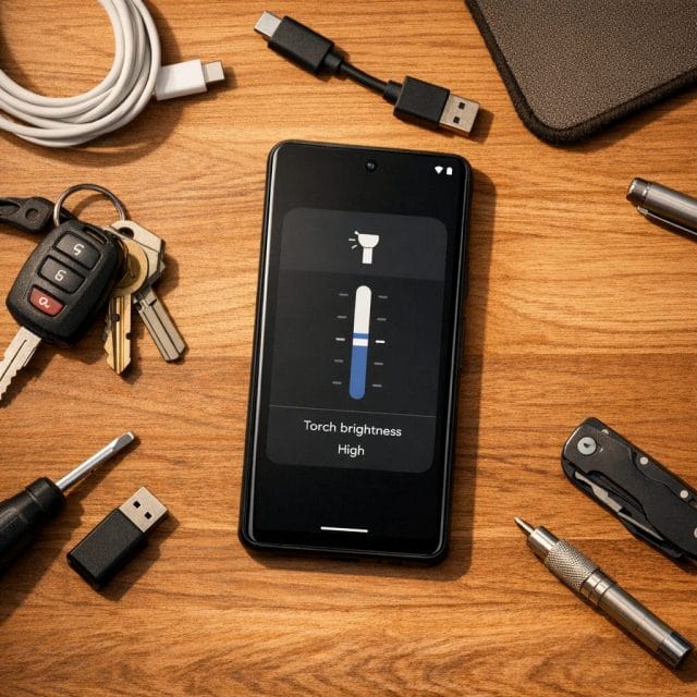 A clean modern flat lay of an Android Pixel phone on a desk beside keys, cables, and small tools, with the torch brightness control visible on screen and warm realistic lighting suggesting practical everyday use.