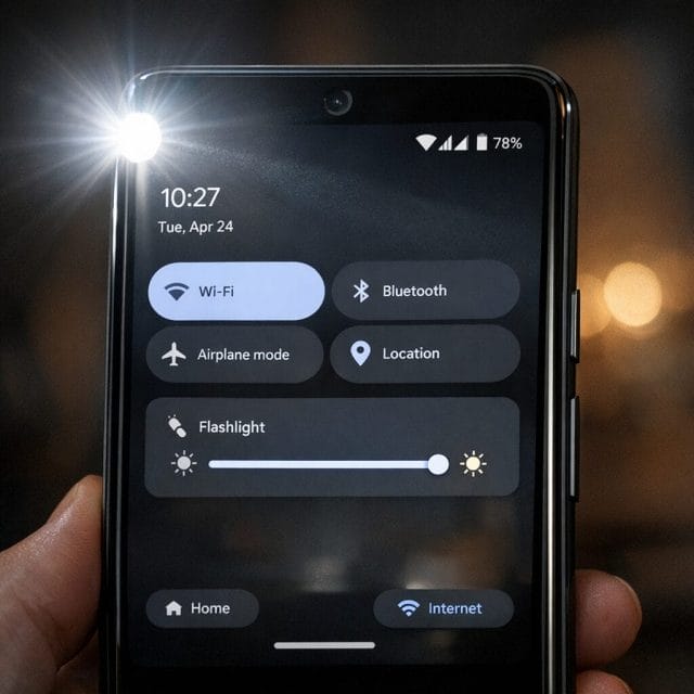 A realistic close up of an Android Pixel smartphone in a dimly lit room with the torch turned on, showing a modern Android interface and a visible brightness control slider for the flashlight, with soft reflections and natural lighting.