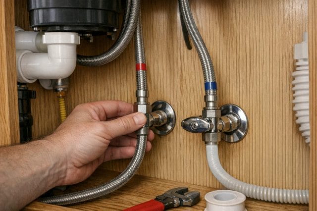 A photorealistic close up of the inside of a kitchen sink cabinet during a tap installation, showing brushed nickel faucet supply lines being connected to shut off valves by hand, realistic lighting, visible wood cabinet interior, plumbing details sharp and natural, no stylised or artificial look.