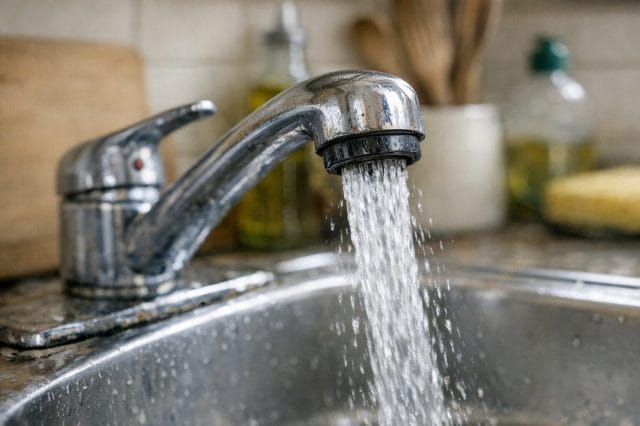 A photorealistic close up of a worn kitchen faucet mounted on a stainless steel sink, with water running and a subtle sense of vibration, in a real home kitchen with natural lighting and everyday countertop items visible in the background.